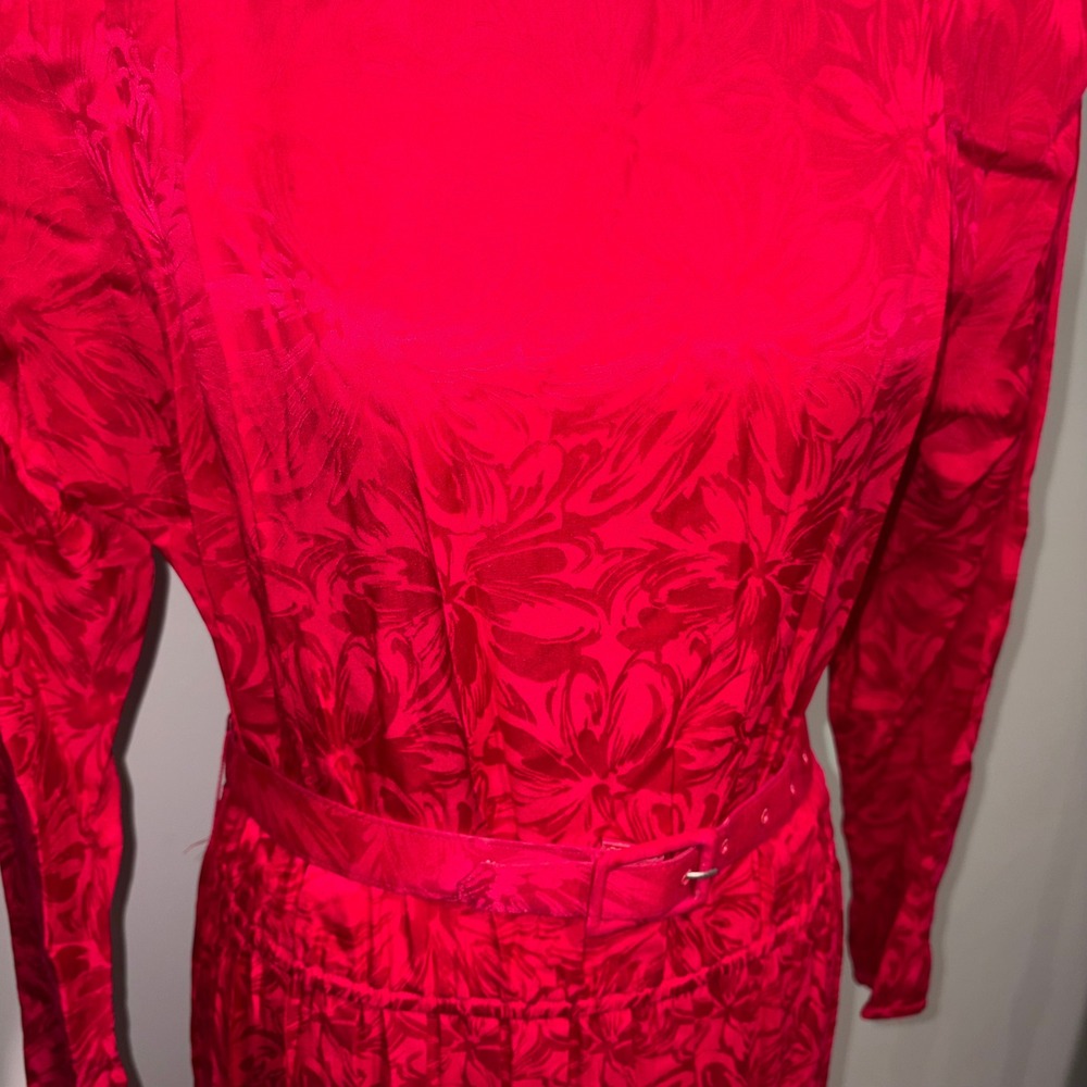 Vintage Silk Jacquard Midi Dress 80s Mob Wife Women 10P Red Argenti Petites - Picture 3 of 11